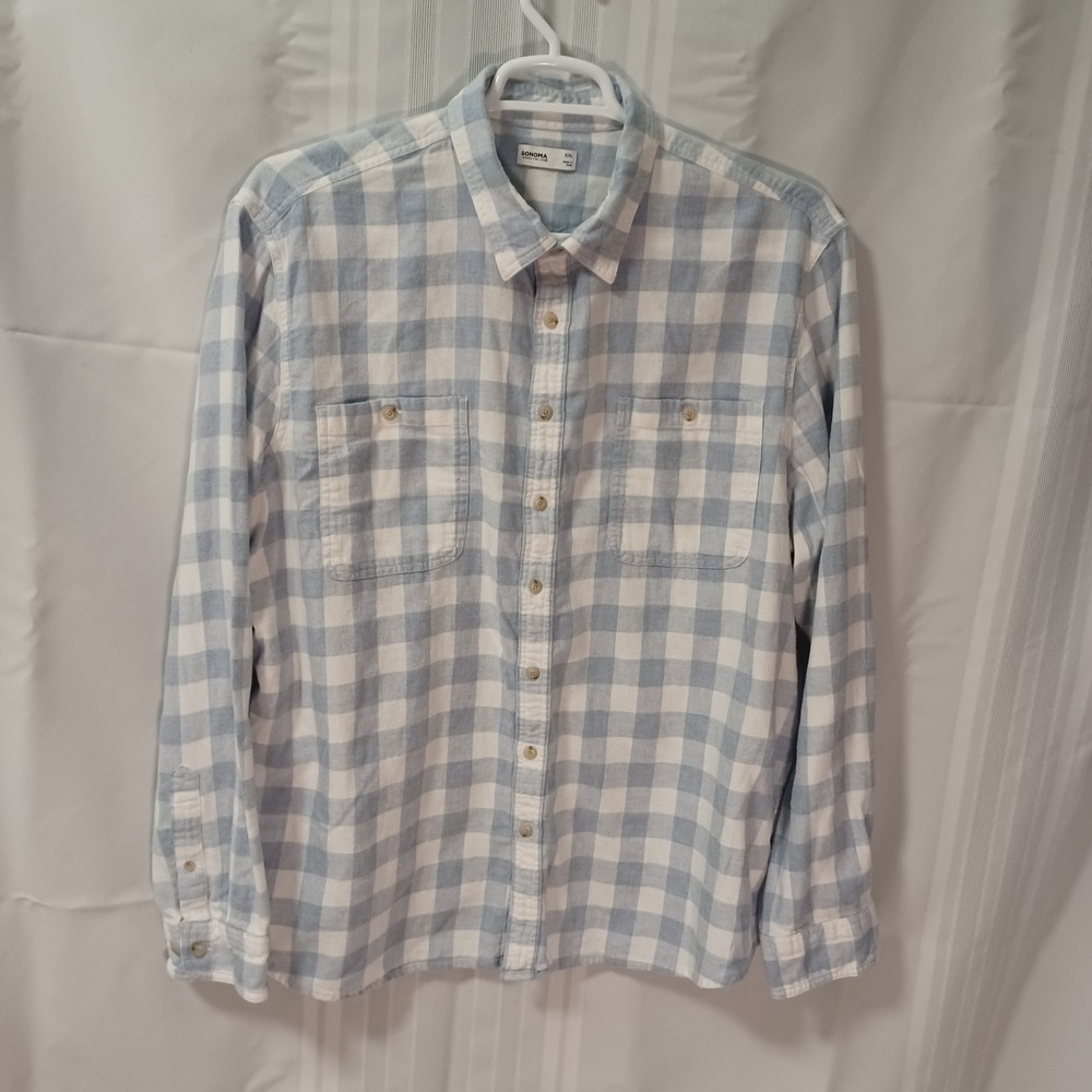 Sonoma Flannel Shirt Mens XXL Blue White Buffalo Check Plaid Long Sleeve Button